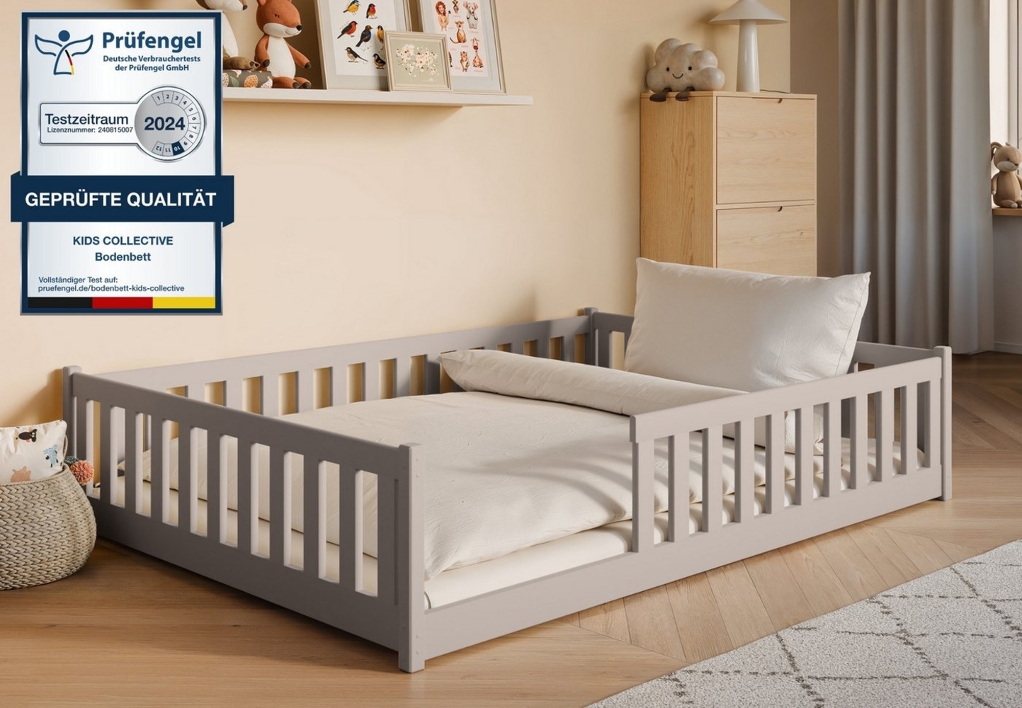 Kids Collective Kinderbett Bodenbett Bett mit Rausfallschutz & Lattenrost Montessori Bett Kinder (weitere Größen 80x160, 80x180, 90x190, 90x200, 120x200 cm), Jugendbett Einzelbett optional mit Matratze Kaschmir Kiefer 140x200 cm Bild 1