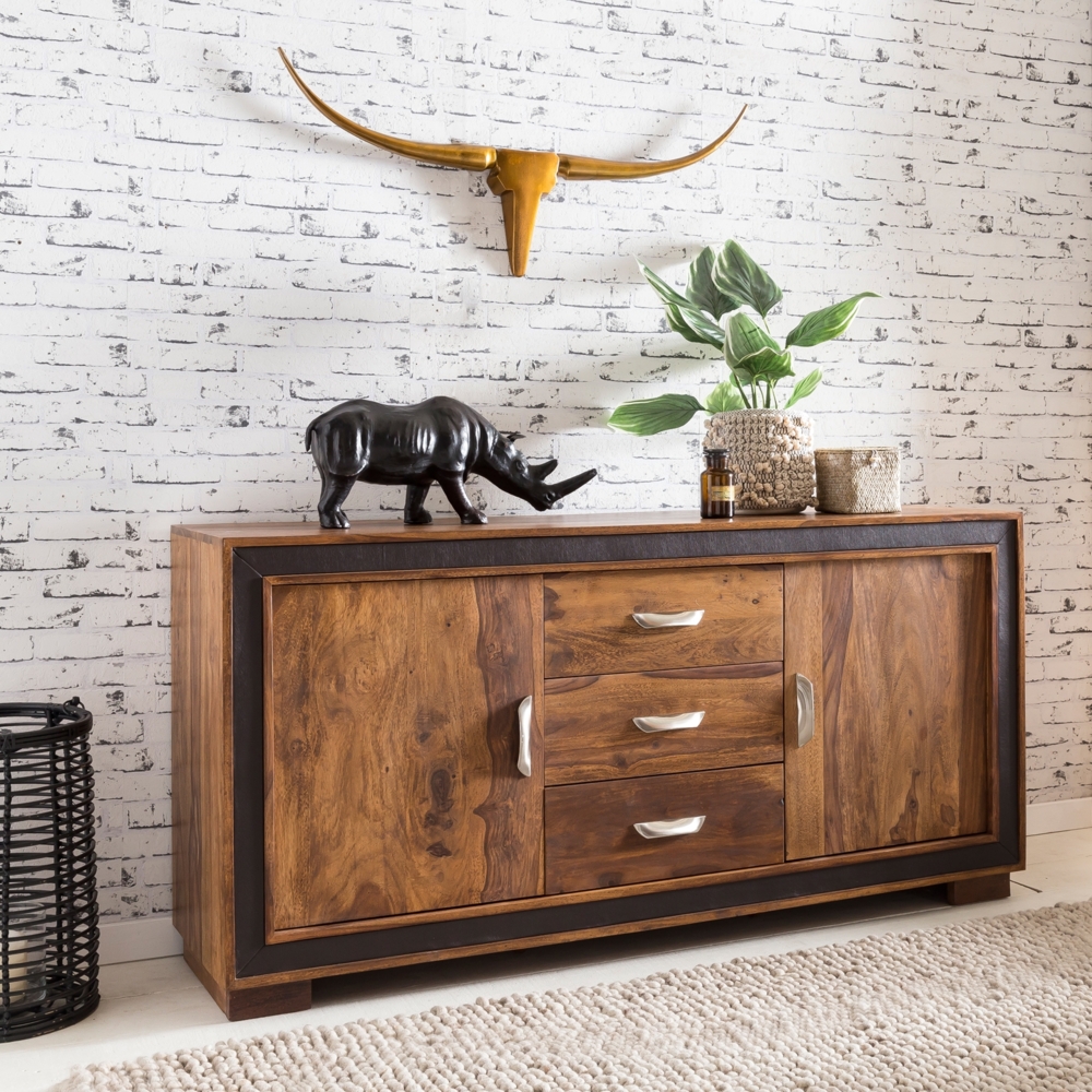 Wohnling Design Sideboard Vitrine KARAN Sheesham Massivholz mit Kunstleder, 160x44x80 cm Bild 1