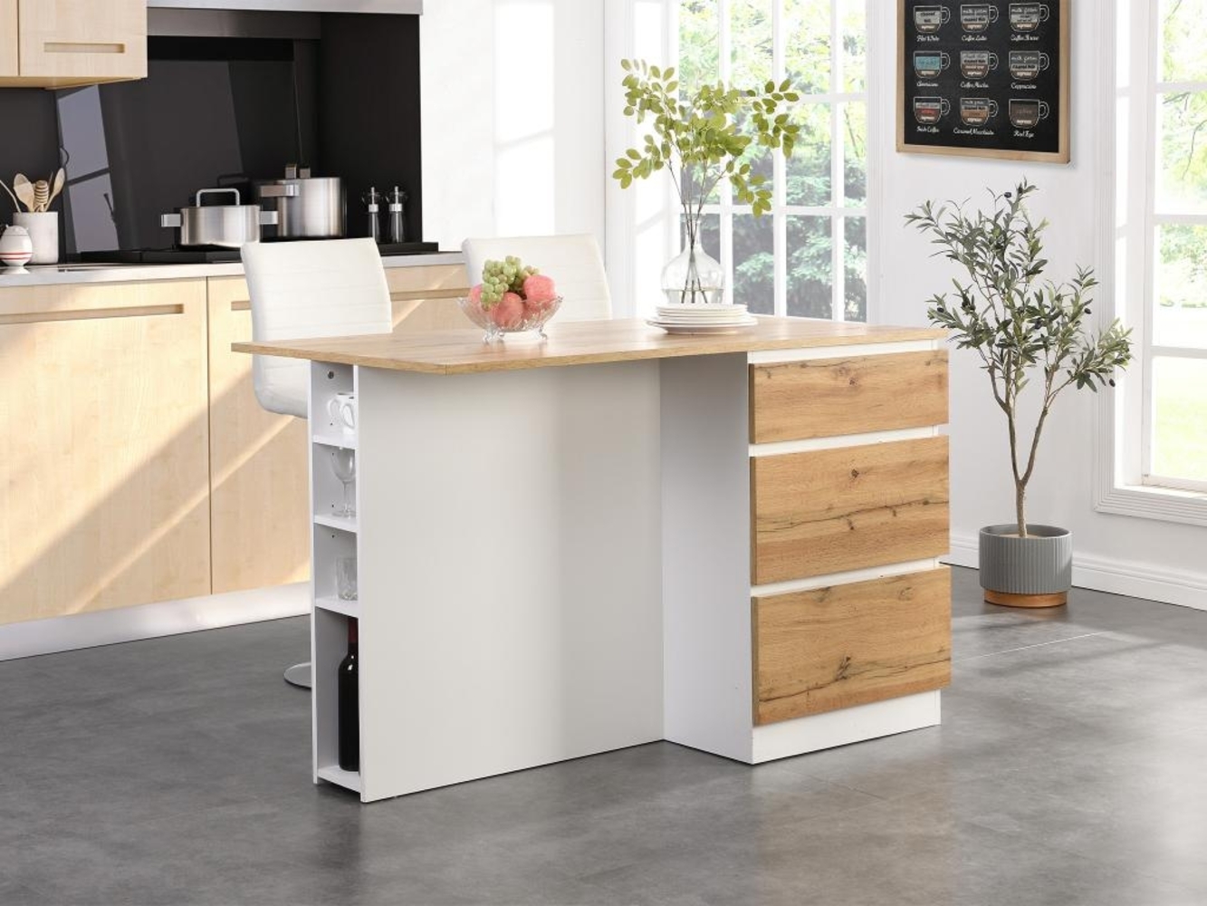 Vente-unique - Kücheninsel mit 6 Schubladen & 4 Ablagefächern aus MDF - Holzfarben hell & Weiß - POMARELA Bild 1