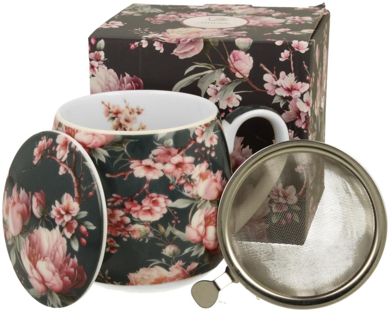 DUO FLORAL Fassbecher 430 ml NOEMI BLACK mit Teesieb, New Bone China Porzellan Bild 1