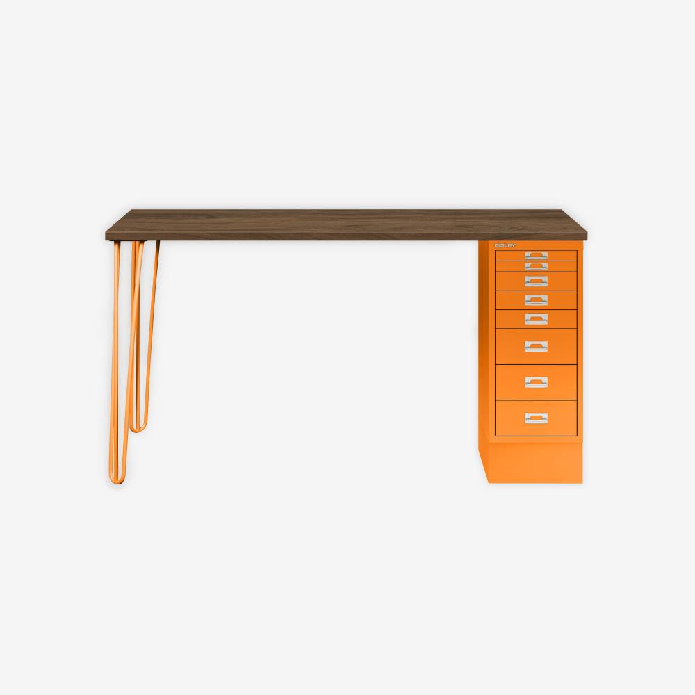 MultiDesk, 2 Stahlfüße, 1 MultiDrawer mit 8 Schüben, Dekor Nussbaum, Farbe Orange, Maße: H 740 x B 1400 x T 600 mm Bild 1