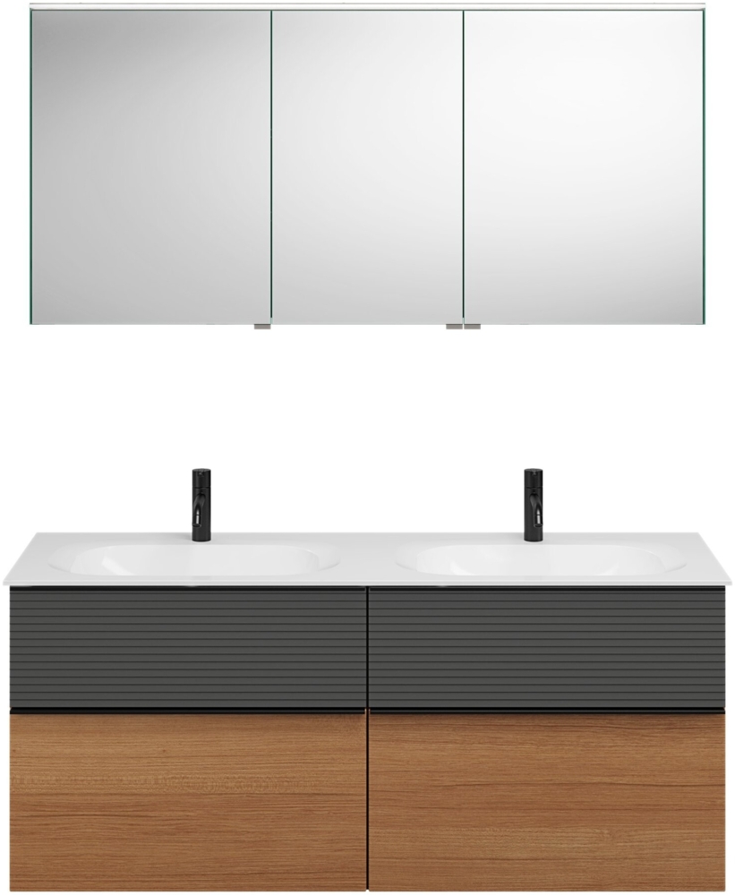 Burgbad FIUMO Waschtisch Set mit Spiegelschrank 142 cm breit, Anthrazit/Braun, Doppelwaschbecken Gussmarmor Weiß, 4 Schubladen, Anschlag links Bild 1