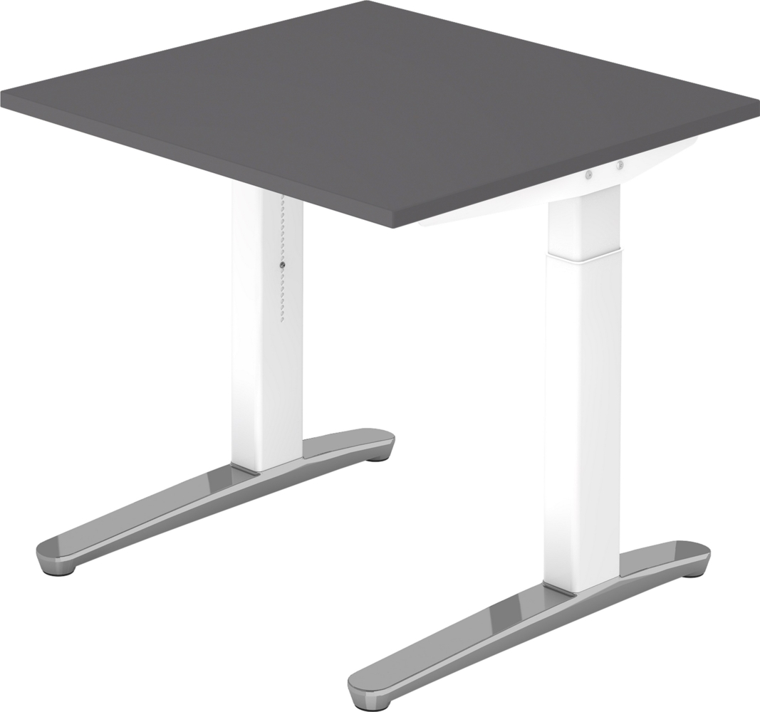 bümö manuell höhenverstellbarer Schreibtisch 80x80 in graphit Gestell in weiß/alu - PC Tisch höhenverstellbar & klein, höhenverstellbarer Tisch Büro, kleiner Computertisch verstellbar, X08-G-WC Bild 1