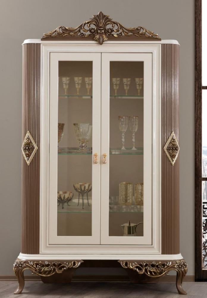 Casa Padrino Luxus Barock Wohnzimmer Vitrine Weiß / Braun / Gold 130 x 50 x H. 220 cm - Prunkvoller Barock Vitrinenschrank mit 2 Glastüren - Edle Barock Möbel Bild 1