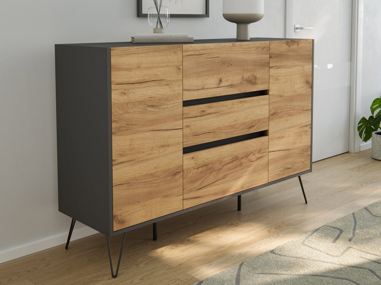 Magnolia Home Sideboard Sideboard Kommode Daro 140cm Greifraum 3 SoftClose 2 Türen Grafit/Eich Bild 1