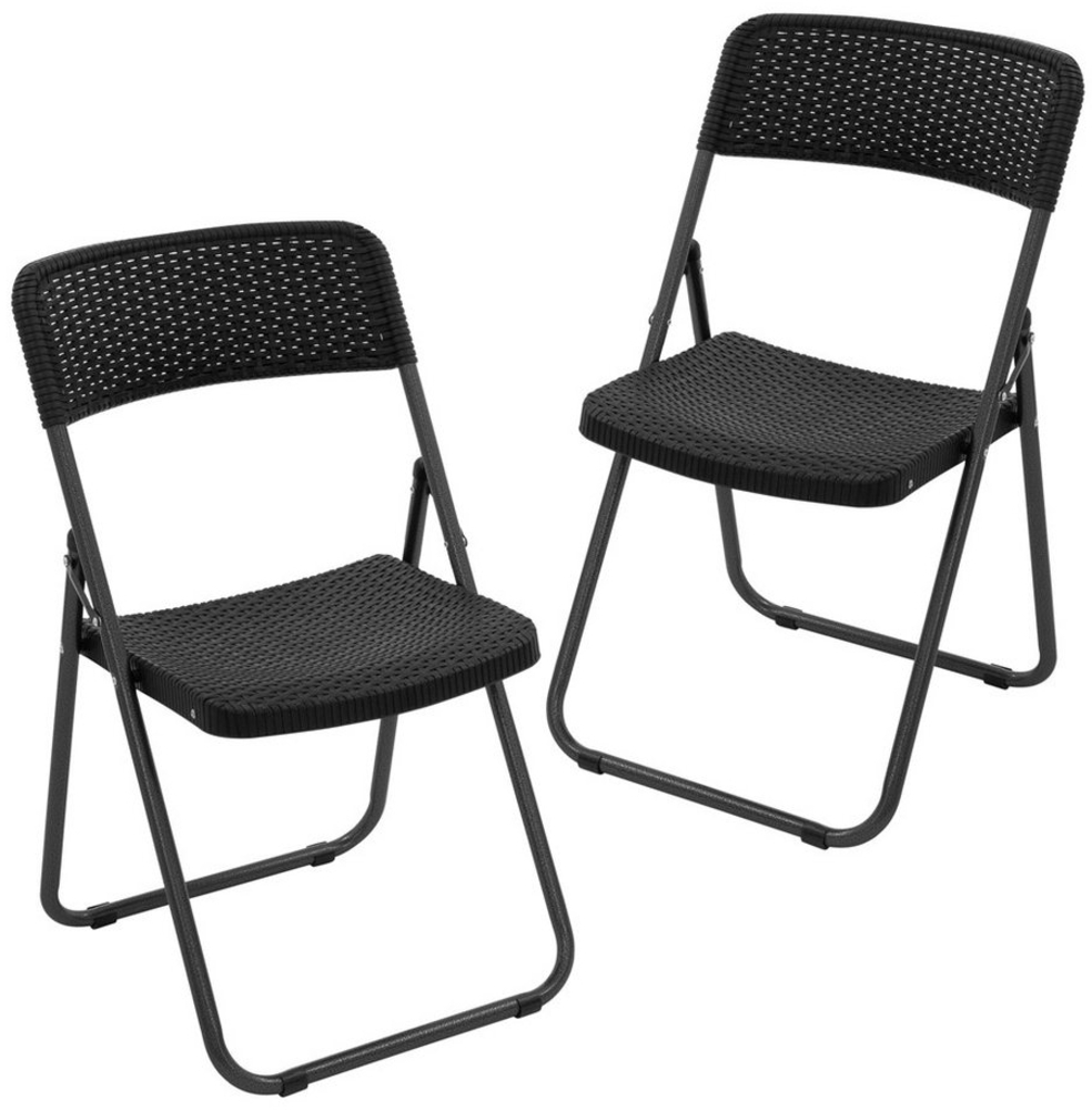 ECD Germany Klappstuhl Balkonstuhl Rattan-Optik mit Metallrahmen Campingstuhl bis 200kg (2 St), 2er Set Gartenstuhl faltbar Schwarz Stahl Wetterfest UV-beständig Bild 1