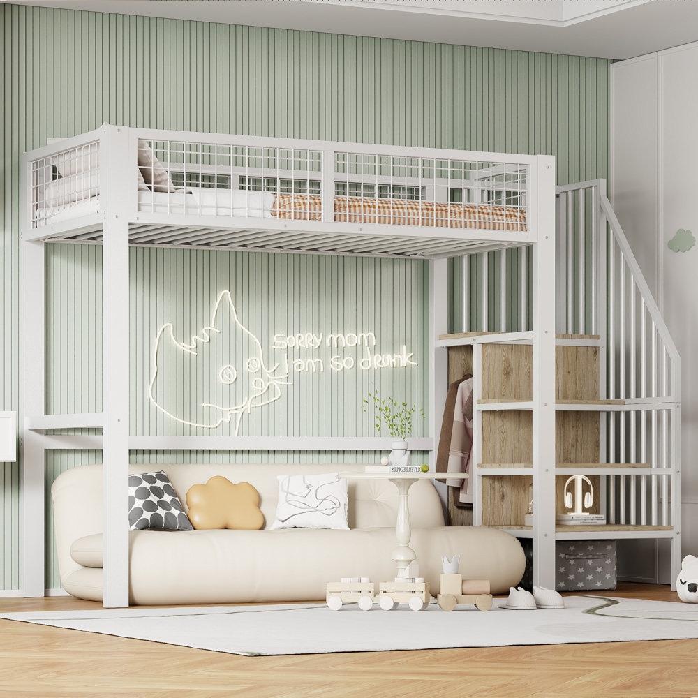 Hochbett, Kinderbett mit Leiter Eisenrahmen Aufbewahrungsregal Kleiderschrank, Eisen+MDF, Weiß, 90x200cm Bild 1