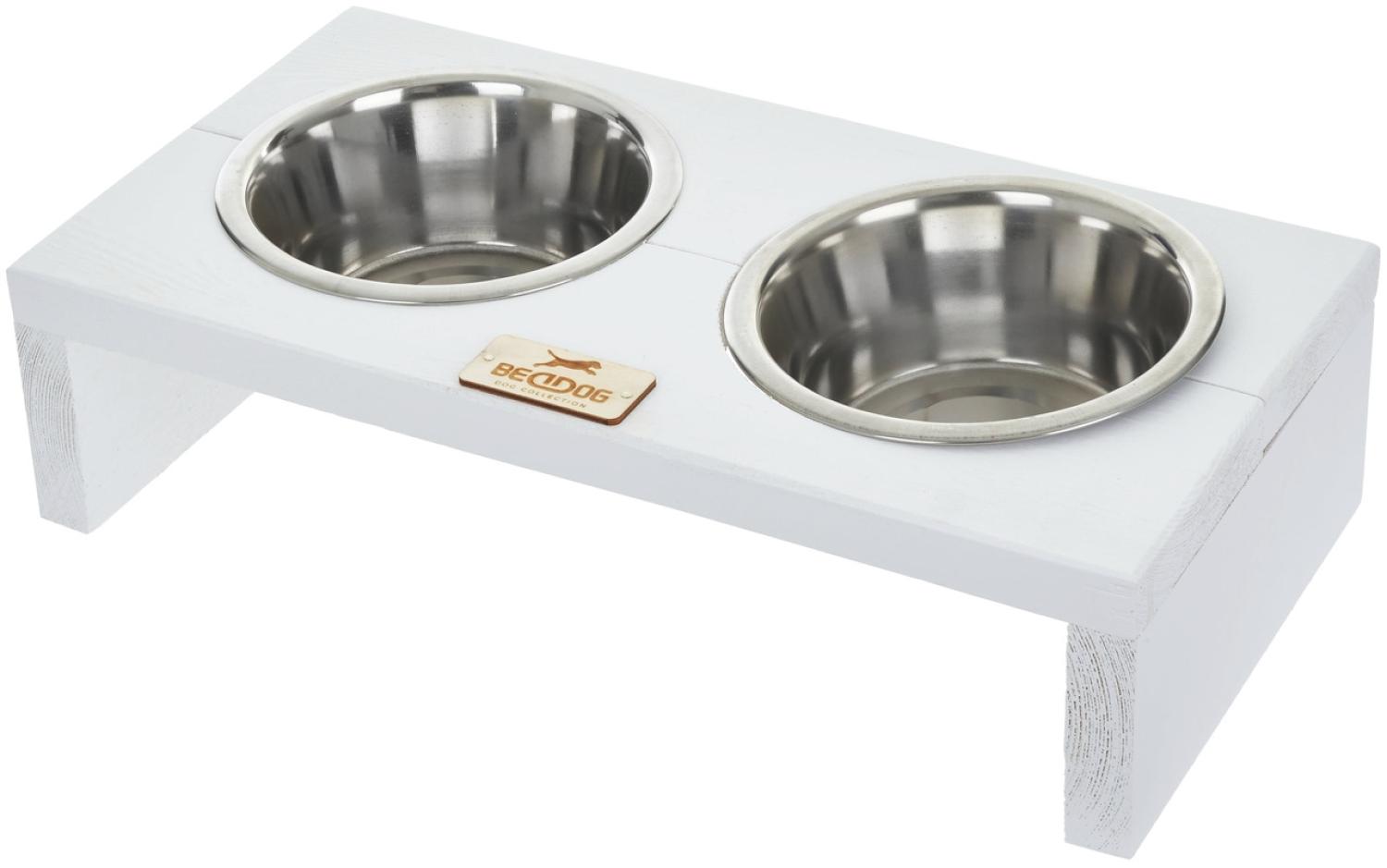 BedDog Hundenapf Duo mit Edelstahl-Schüsseln, erhöhter Doppel-Fressnapf, Hundebar, Katzennapf, Futterstation, 2x 0.9L, WHITE (weiß) Bild 1