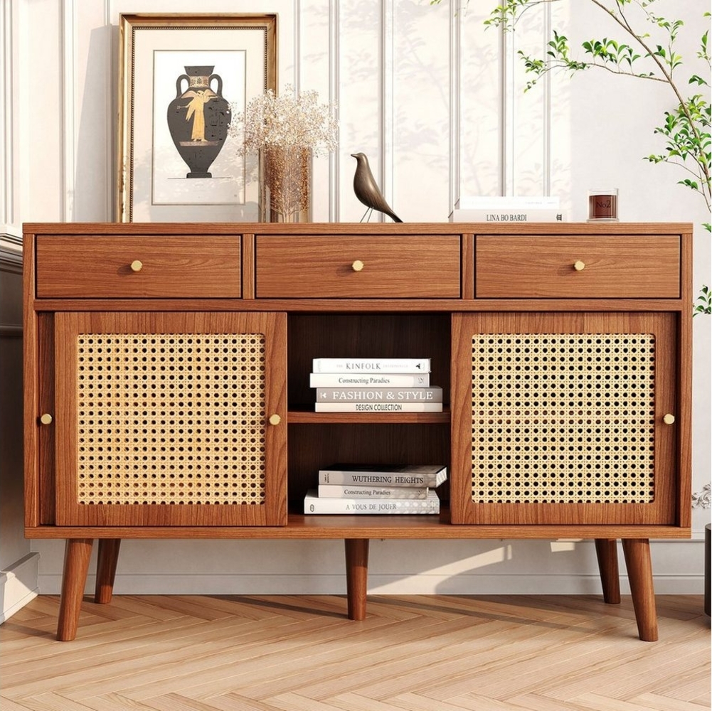 BlingBin Sideboard Kommode (1 St, Rattantür, Golden Metall Bügelgriff, Massivholzbeine), verstellbare Ablagen Bild 1