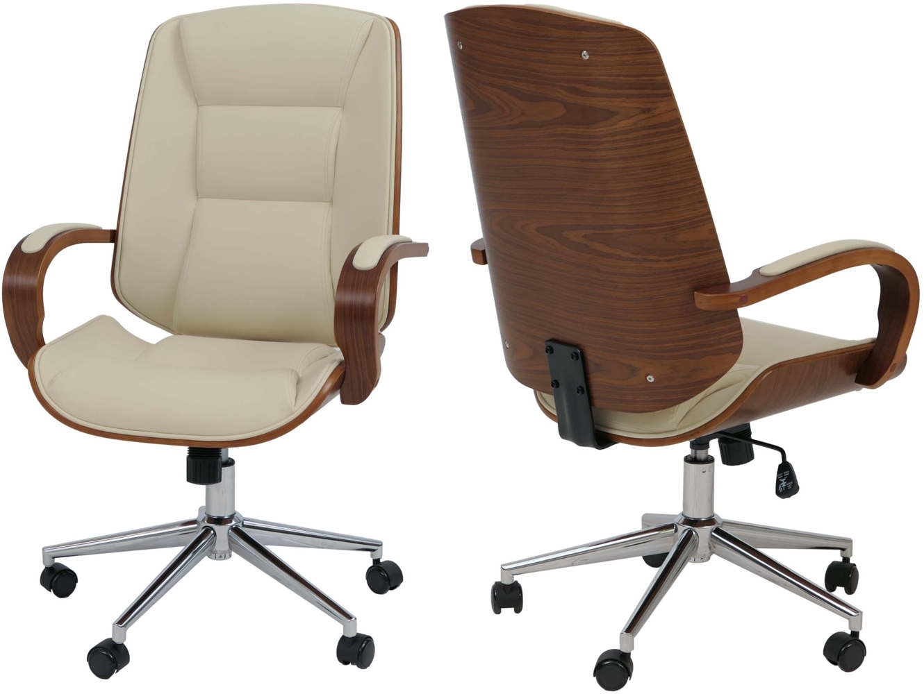 Bürostuhl HWC-O83, Drehstuhl Chefsessel, Kunstleder (280g/m²) Bugholz FSC®-zertifiziert Walnuss-Optik ~ creme Bild 1