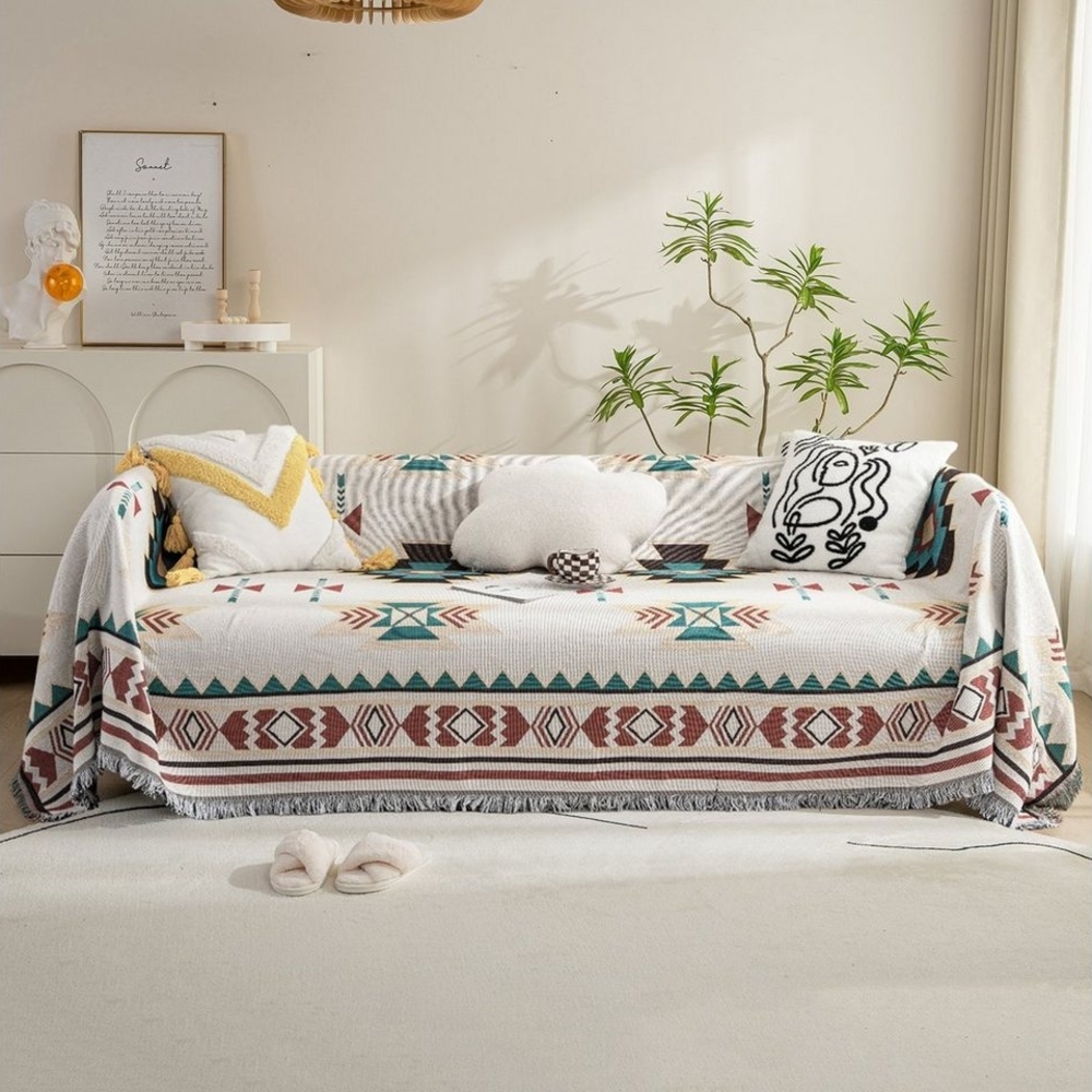 Sunicol Sofabezug Sofa überwurfdecke mit Quasten, Geometric, Bohemian, Baby-Decke, als Bettüberwurf Sofaüberwurf Couchdecke oder Wohnzimmerdecke Bild 1