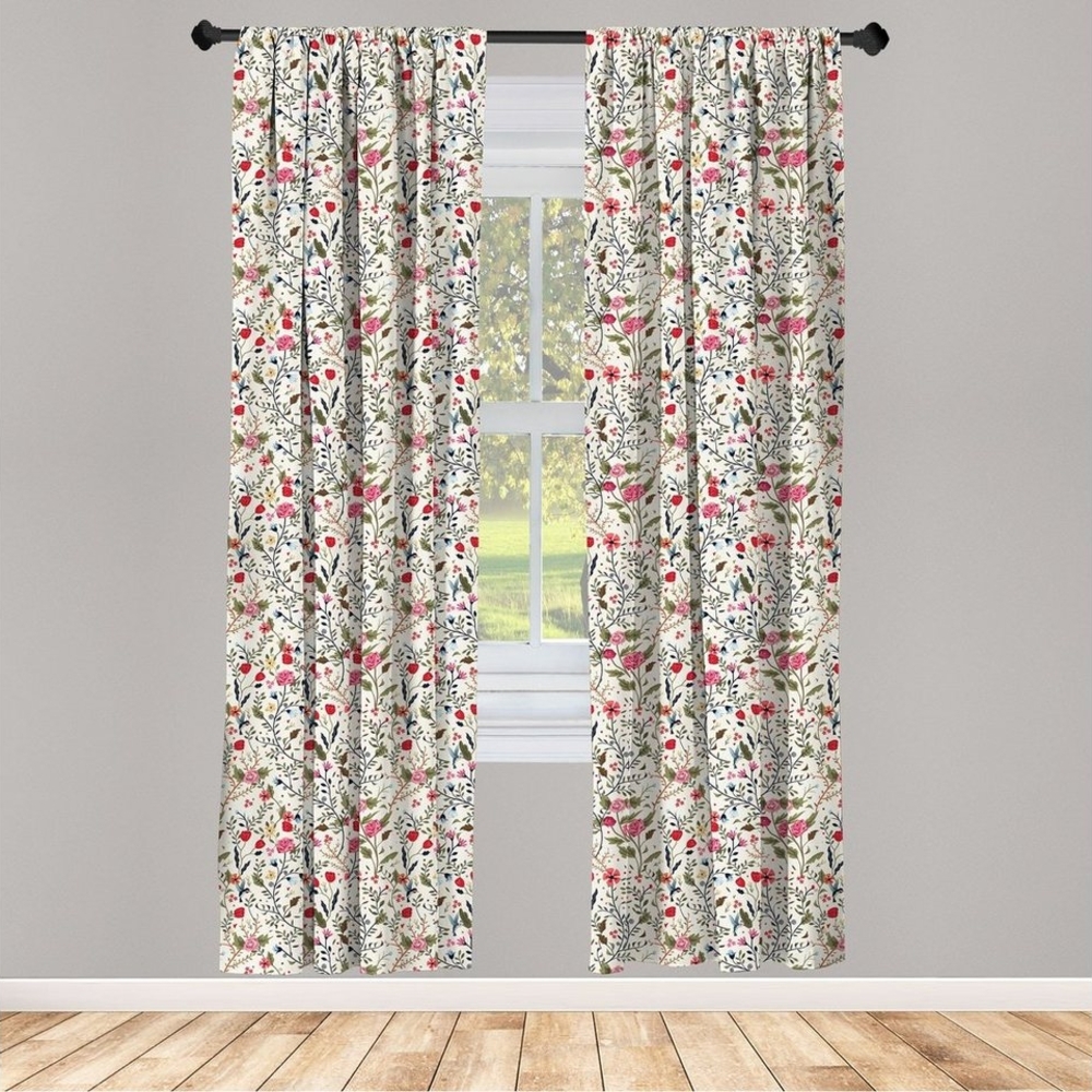 Abakuhaus Gardine Vorhang für Wohnzimmer Schlafzimmer Dekor, Microfaser, Blumen Vögel Rosen-Tupfen Bild 1