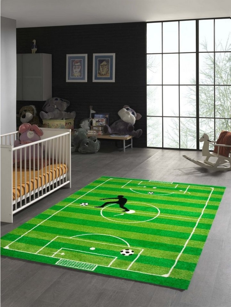 TeppichHome24 Kinderteppich Kinderteppich Fußball Teppich in Grün Hellgrün Schwarz Weiss, rechteckig, Höhe: 1.3 mm Bild 1