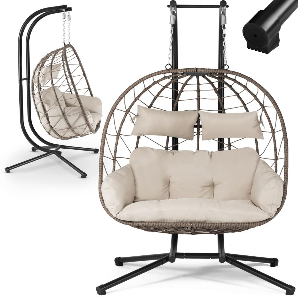 Juskys Doppelhängesessel Aria - Polyrattan Hängesessel mit Gestell & Kissen - Schaukel für zwei Personen - Outdoor Indoor Sessel - XXL Korb Beige Bild 1