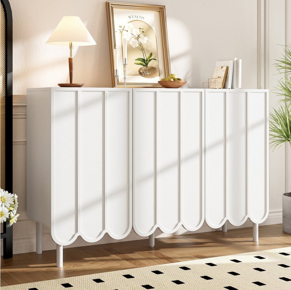 KLAM HOME Sideboard Modernes weißes Sideboard mit Wellentüren – 120x35x80 cm – grifflos, verstellbare Regale – Stauraum für Wohnzimmer, Flur & Esszimmer Bild 1