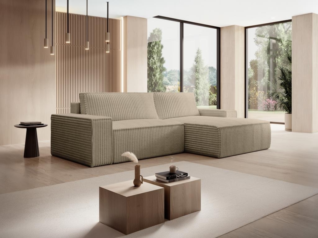 Vente-unique - Ecksofa mit Schlaffunktion - Ecke rechts - grob gerippter Cord - Taupe - AMELIA Bild 1