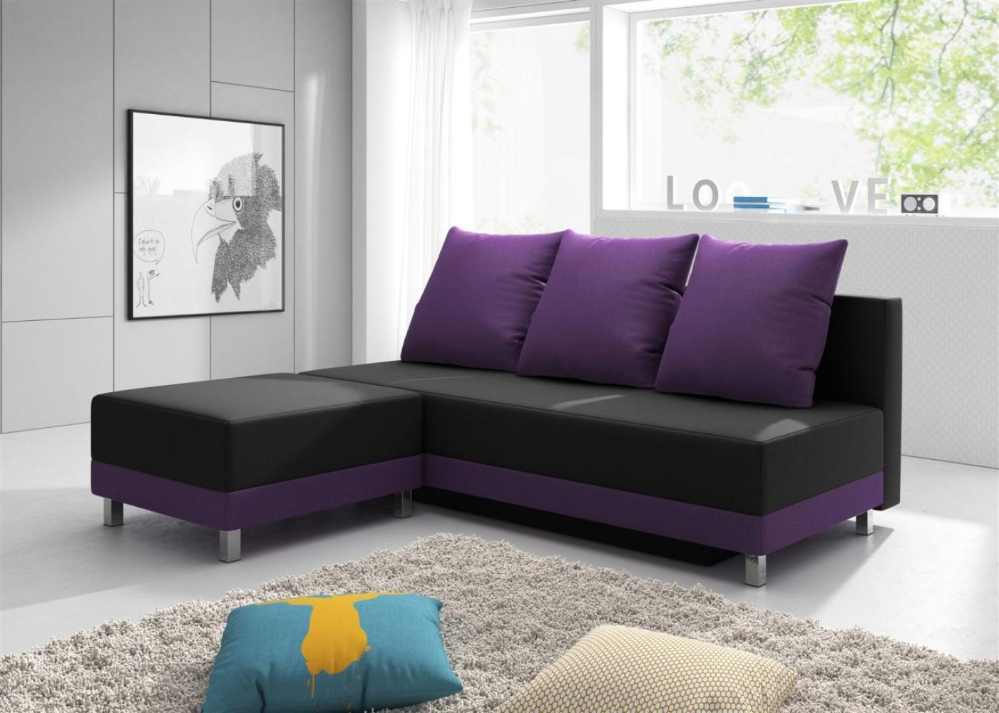 Sofa Schlafsofa KIRA inklusive Bettkasten und Hocker Violett / Schwarz Bild 1