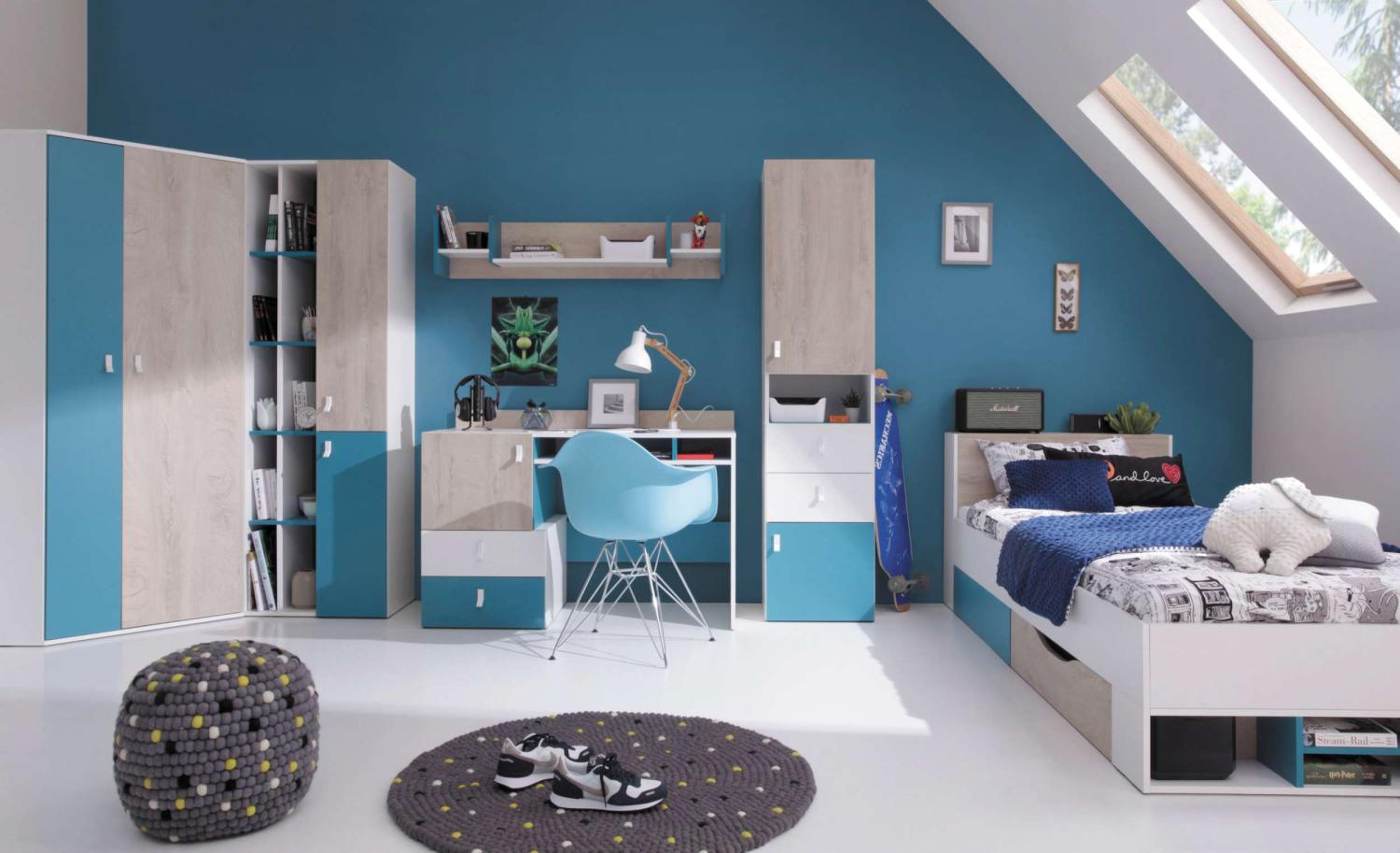 99rooms Sirius Kinderzimmer-Set Weiß Hochglanz Eiche Meerblau Bild 1