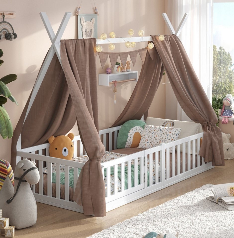 Alavya Home® Kinderbett Hausbett Bodenbett SKY SET aus Buche – FSC® 100% mit Tür & Deko (Hausbett 80x160 cm SET mit Tür, Decoration Braun, Matratze, Rausfallschutz & Lattenrost Kinderbett 80x160), bodentiefes Jugendbett weiß massiv BUCHE für Junge Mädchen Bild 1