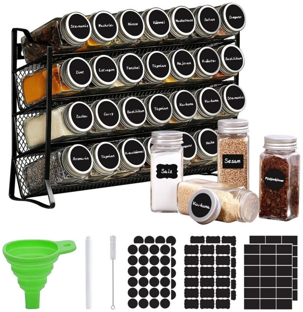 SEHAUSEU Gewürzregal Gewürzregal 4Etage mit 28 Gläsern schwarz Metall, 120 Gewürzetiketten, 28-tlg, 1 Flaschenbürste, 1 Trichter, 1 Stift Bild 1