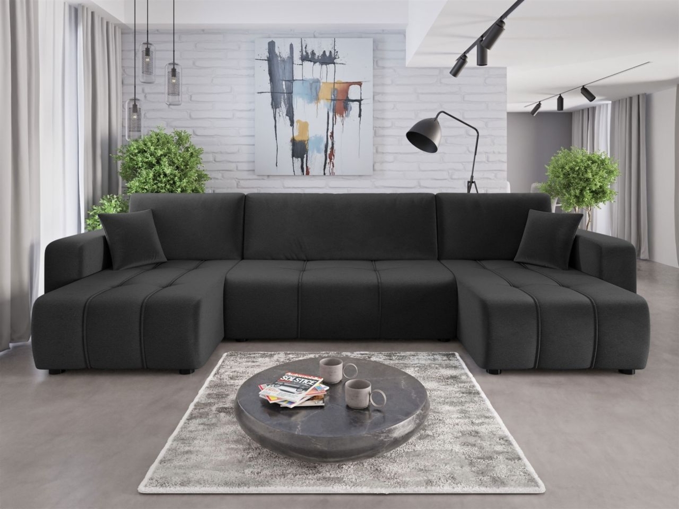 Wohnlandschaft mit Schlaffunktion DAGNY Sofa U-Form in Stoff Kronos Dunkelgrau Bild 1
