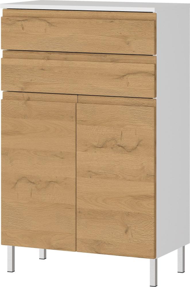 Kadima Design Stauraumkommode, Badschrank mit Schubladen, 60x34x97, in Weiß und Grandson-Eiche, Chromfüße, Grifflose, "Veer"-Serie Bild 1