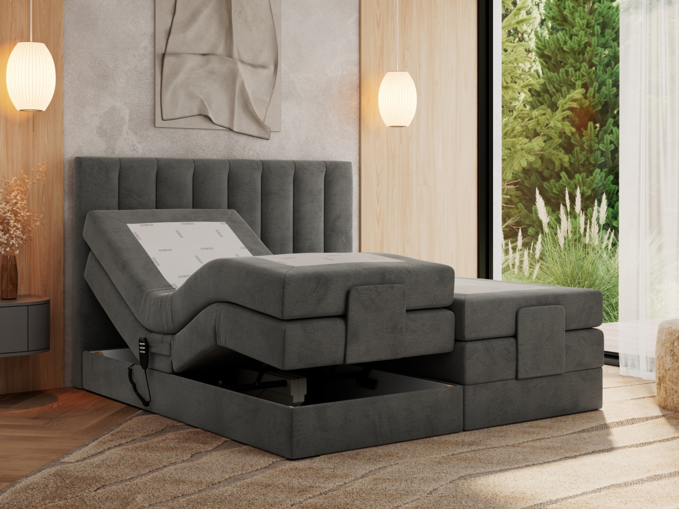 Boxspringbett mit elektrisch verstellbaren Matratzen, zwei Bettkästen und einem Topper - COMFORTO - 200 x 200 cm - Dunkelgrau Velvet - H4 Bild 1