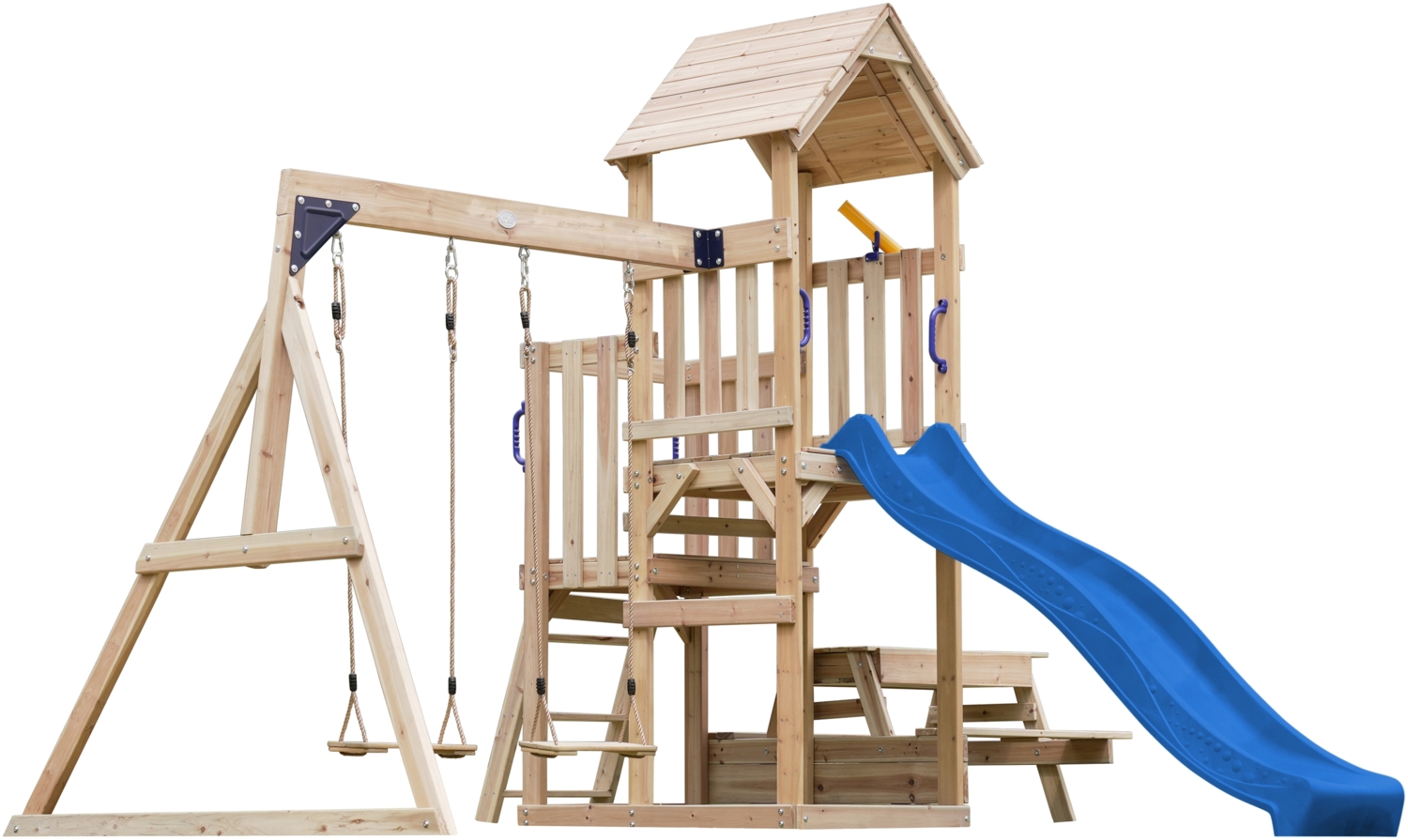 AXI Mette Spielturm aus Holz mit 2 Schaukeln XXL Spielhaus / Spielplatz für Kinder mit Picknicktisch, Sandkasten & Rutsche in Blau | Braun, grün | Holz | 383 cm Bild 1