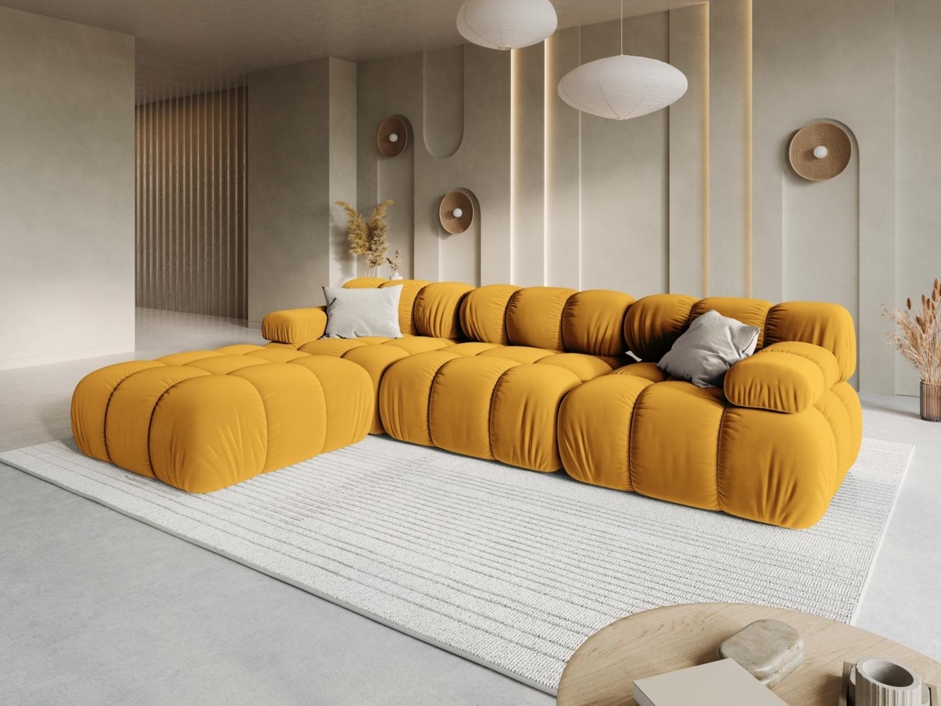 Micadoni Modulares Sofa Bellis 4-Sitzer mit flachem Modul Samtstoff Gelb Bild 1