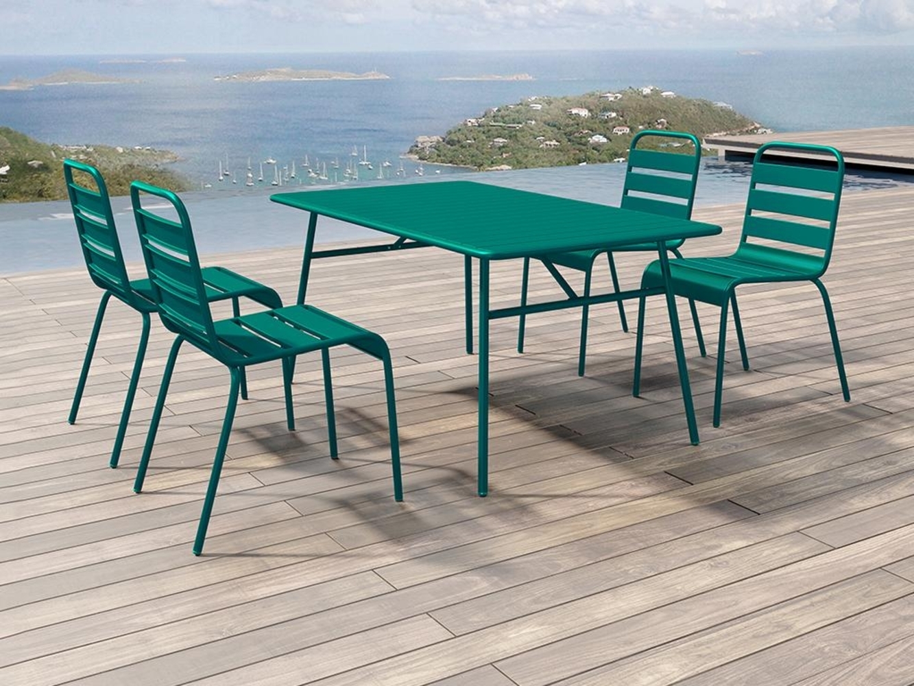 Vente-unique - Garten-Essgruppe: Tisch L. 160 cm + 4 stapelbare Stühle - Metall - Blau - MIRMANDE von MYLIA Bild 1