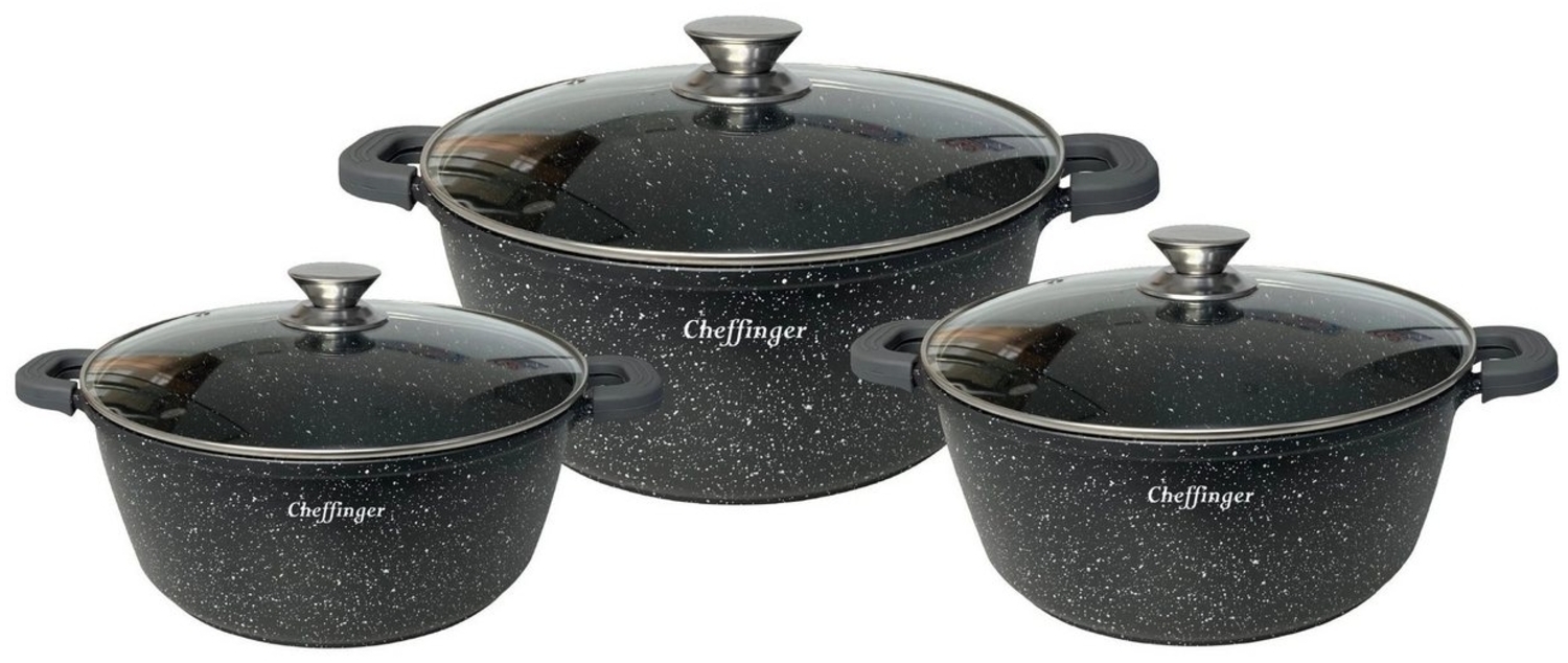 6-Teilig Kochgeschirr-Set 20 / 24 / 28 cm Topf Induktion Alu Guss Pfanne Topfset Kochtopfset Marmor Bild 1