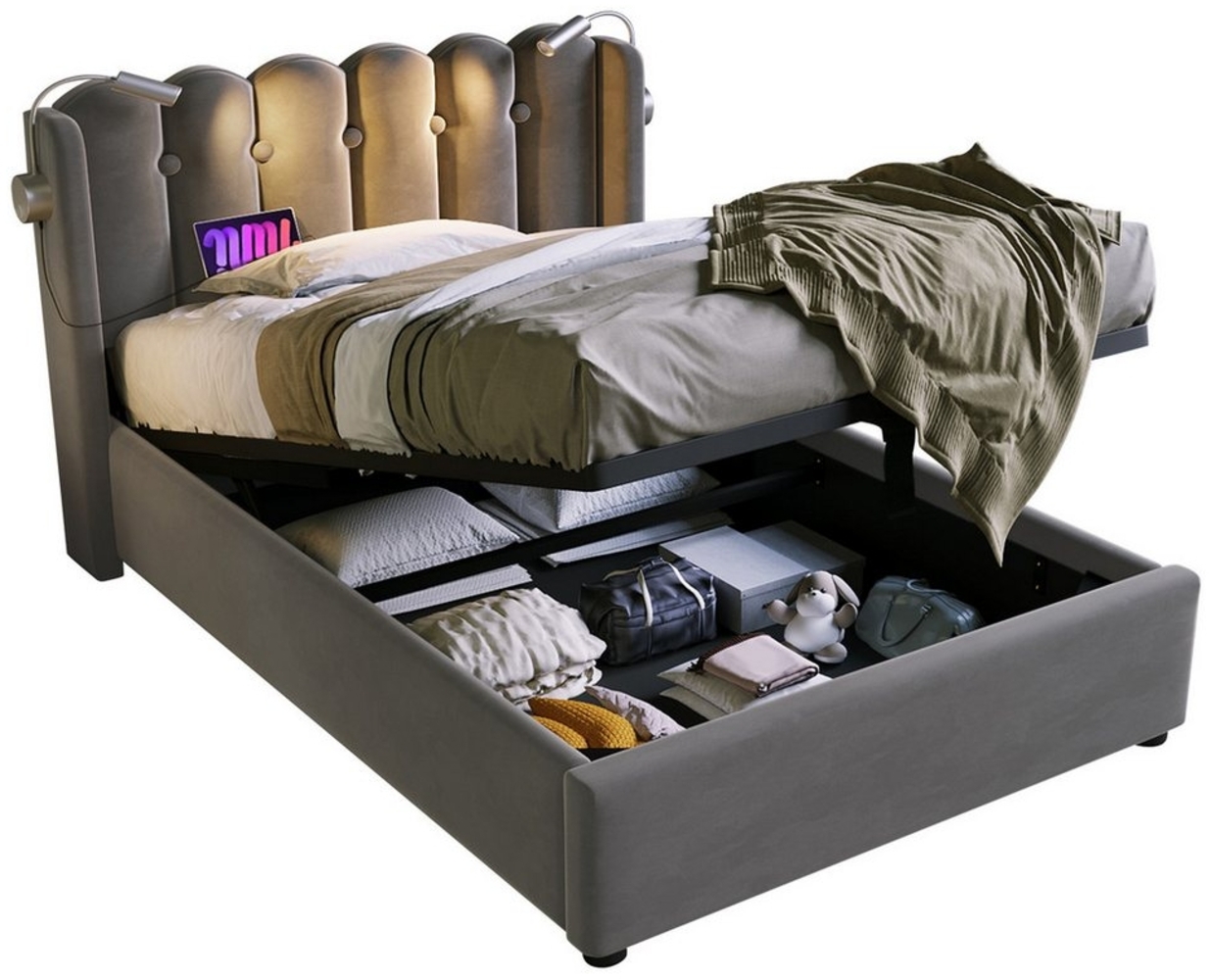 BlingBin Einzelbett Polsterbett (1-tlg, Ladefunktion und Bettkasten, mit Leselicht 90 ×200CM), 2 USB-Ladeanschlüsse,mit lattenrost,Ohne Matratze,Samt Bild 1