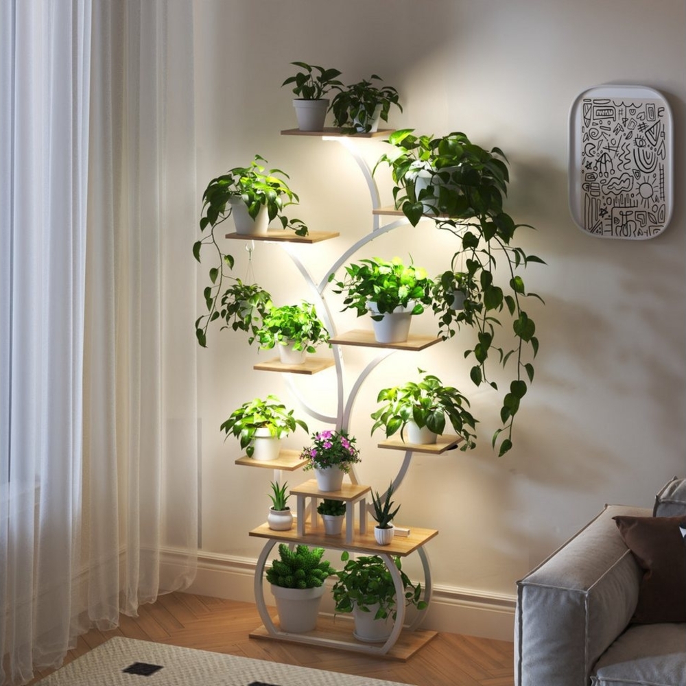 VINGLI Blumenständer Pflanzenständer mit LED-Wachstumslampen, 10-stöckiges Pflanzenregal, aus Holz und Metall, Stabil und platzsparend, 155*80*26cm Bild 1