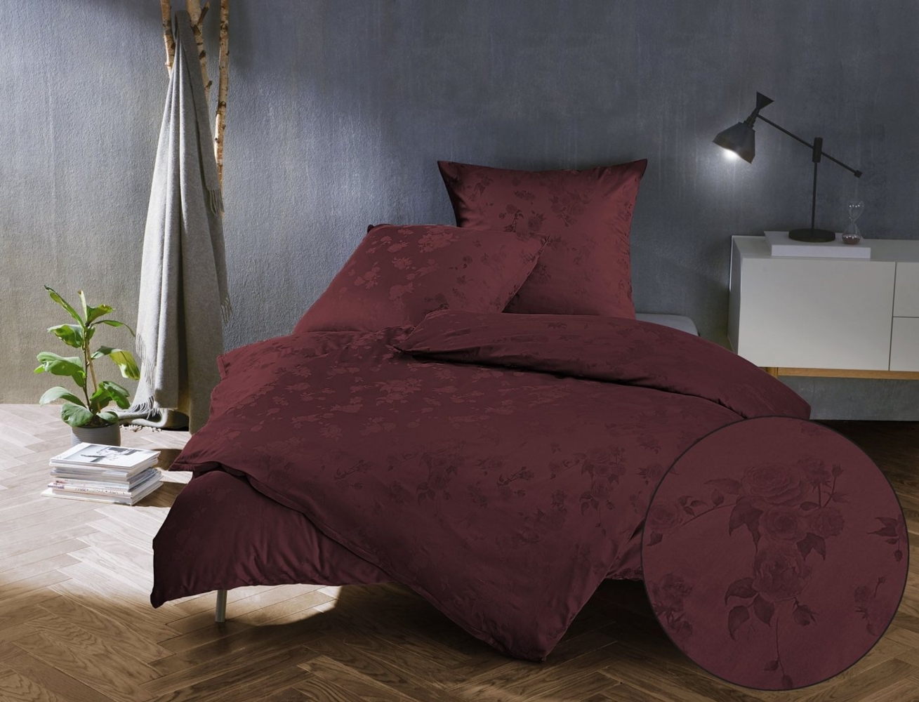 Bettwaesche-mit-Stil Mako Satin Jacquard Damast Bettwäsche Zoé Rose – bordeaux rot – Garnitur 240x220 + 2x 80x80 cm Bild 1