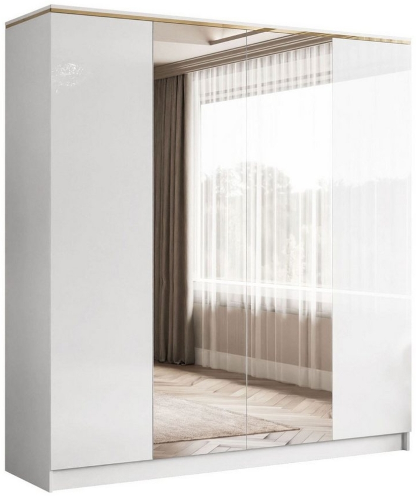 Lookway Kleiderschrank AURORA 4D in Hochglanz Weiß Drehtürenschrank mit Spiegel Bild 1