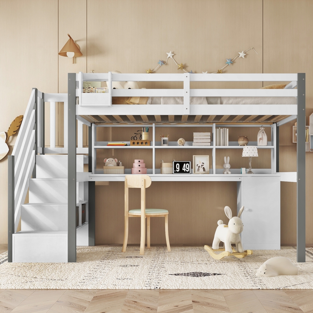 Merax Hochbett 90x200cm , Mit Stoff-Aufbewahrungsbox, Reichlich Stauraum, Mit seitlicher Leiter, Offenes Regal, Jugendbett mit Schreibtisch und Schließfächern, Kiefer+MDF, Weiß+Grau Bild 1