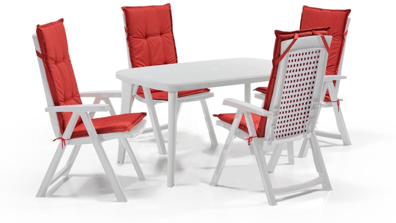 Shaf Milano 5-tlg. Outdoor-Essgruppen-Set | Klappstuhl weiß | mit roten Polstern | Wetterfest | Klappsessel Bild 1