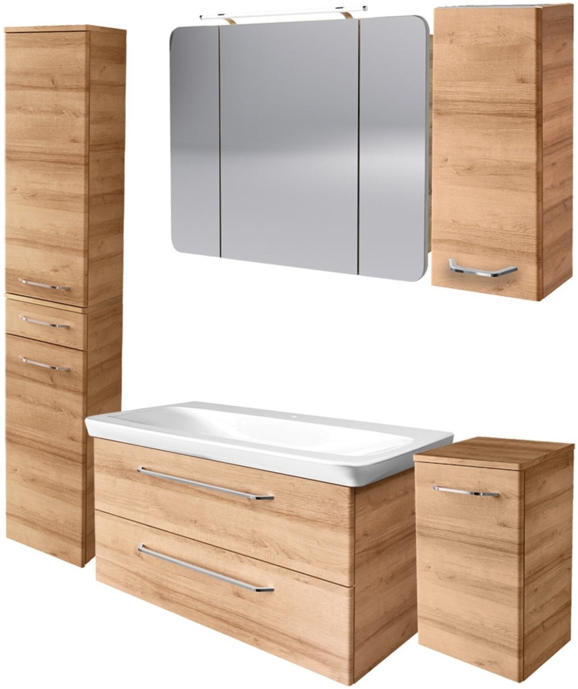 Fackelmann MILANO Badmöbel Set 6-teilig, 107 cm breit, Braun hell, Waschbecken Keramik, Spiegelschrank + 3 Badschränke Bild 1