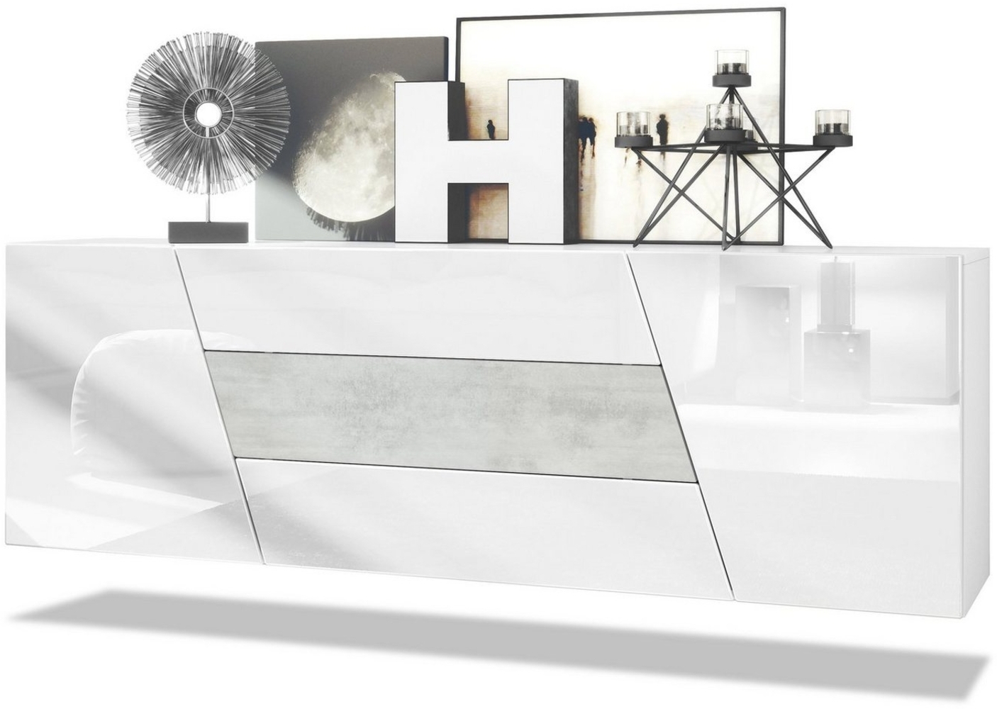 Vladon Sideboard Houston, hängende Kommode mit 2 Türen & 3 Schubladen, Korpus Weiß matt, Fronten Weiß Hochglanz, mittlere Schublade Beton Oxid Optik, (178 x 57,5 x 38,5 cm) Bild 1