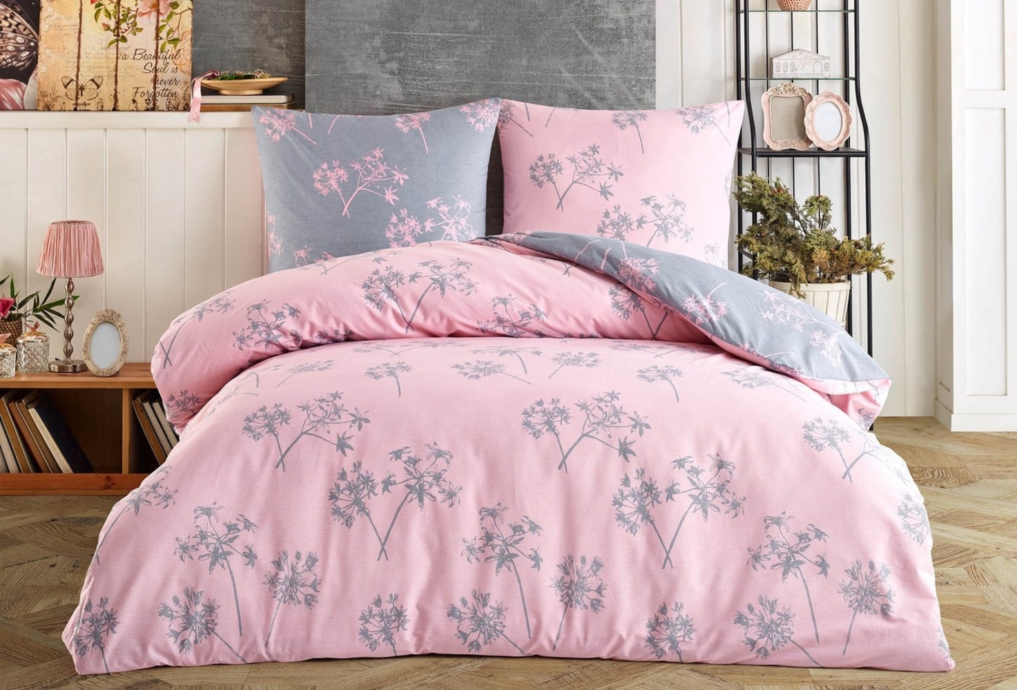 Buymax Bettwäsche Idil, Renforce: 100% Baumwolle, 4 teilig, 155x220 cm mit Reißverschluss, Muster Zweige, Rosa Pink Grau Bild 1