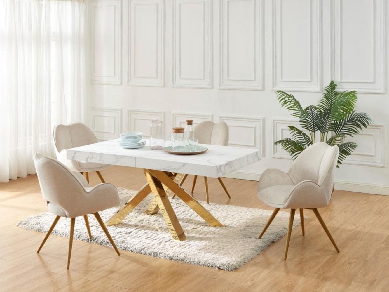 Vente-unique - Esstisch ausziehbar - 6 bis 10 Personen - MDF & Metall - Marmor-Optik Weiß & Goldfarben - CATONAV Bild 1