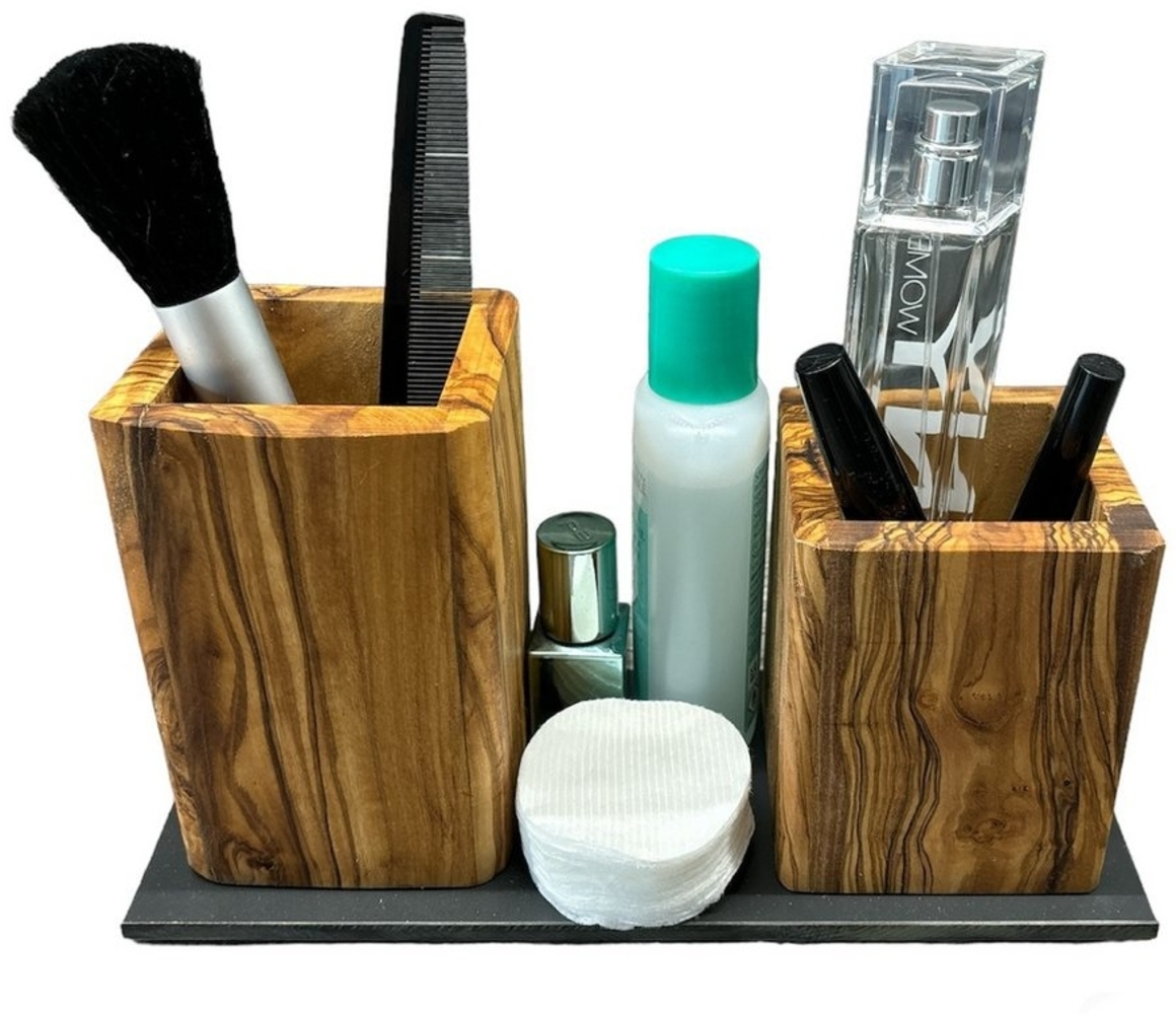Olivenholz-erleben Badorganizer Beauty Box DUO aus Olivenholz mit schwarzer Grundplatte (1 St), praktische Aufbewahrung für Badutensilien wie Make-up Artikel Bild 1