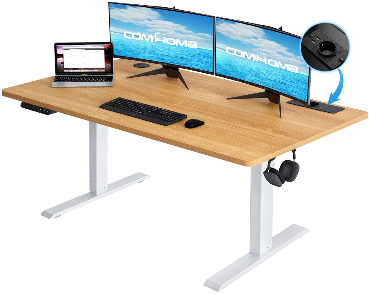 COMHOMA Schreibtisch Höhenverstellbarer Schreibtisch 140x60 cm mit USB-Buchse und Haken (1 Tisch), Verstellbarer Computertisch, Stehpult Stehschreibtisch Bild 1