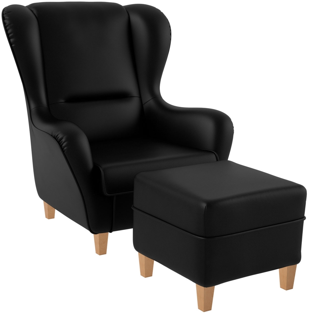 Supellex Sofia Ohrensessel mit Hocker | Design Kunstleder Milano Schwarz Bild 1