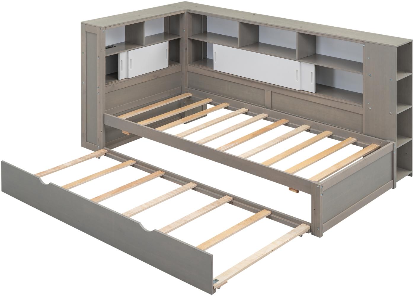 Merax Plattformbett mit Ausziehbett und USB, Holz grau, 90x200 cm / 90x190 cm Bild 1