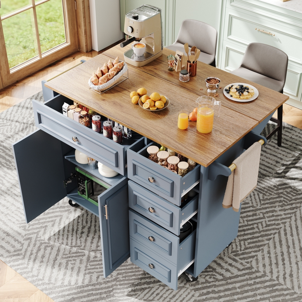 Kücheninsel, Modernes Küchensiland, Küchenschrank, Abnehmbare Servierwagen buffetschrank, Speisewagen mit Vintage-Muster, buffetschrank, Multifunktionale Esstisch mit Speicherraum, Blau, 110×45-75×92cm Bild 1