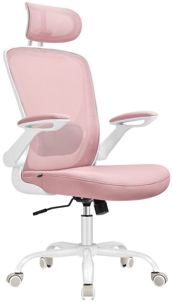 Songmics Bürostuhl ergonomisch, mit Mesh, gepolsterte Lendenstütze, Wippfunktion, 53 cm große Sitzfläche, klappbare Armlehnen, Kopfstütze, pastellrosa, 64x64 x (115-130) cm Bild 1