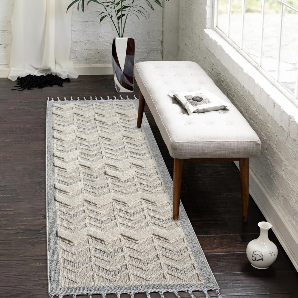 Teppich Läufer - Chevron - 80x300 cm - Creme Grau - Fransen Deko Boho Flauschig - Cut & Loop Sisal - Schlafzimmer Flur Dekoration Läufer Bild 1