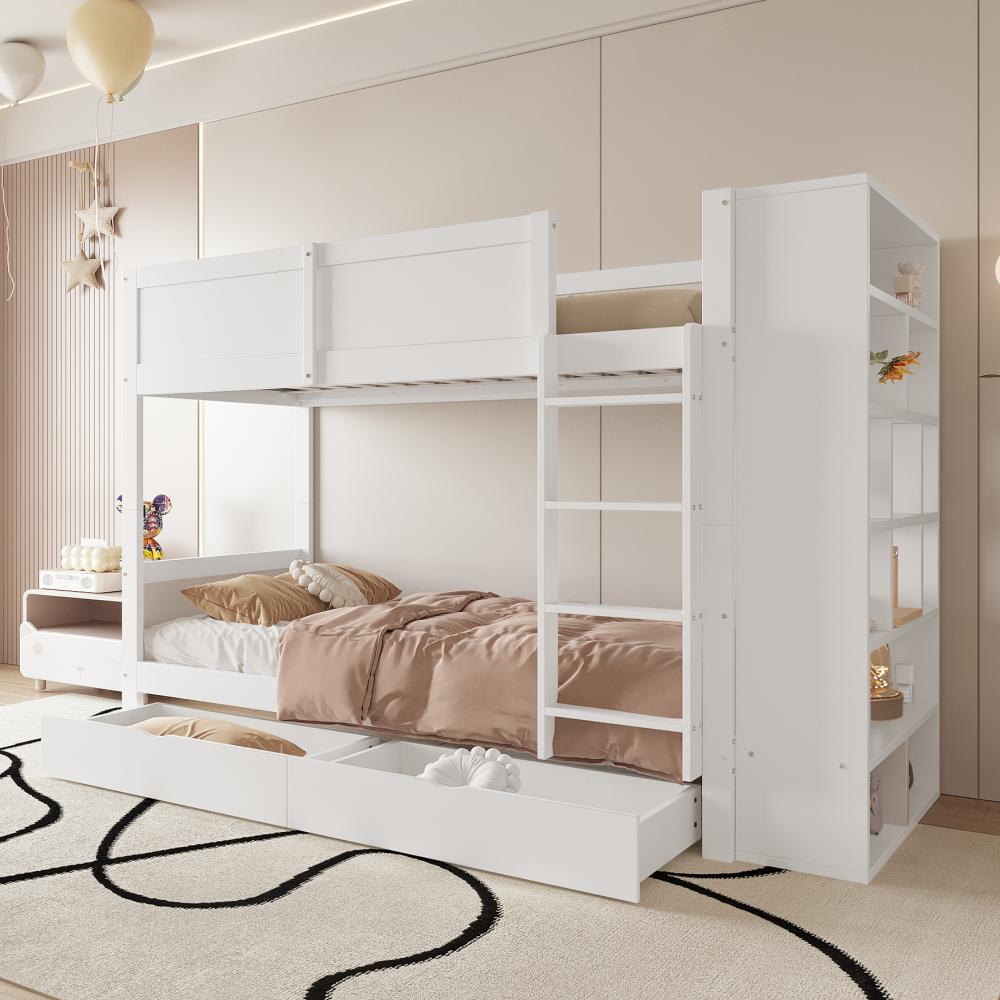 Merax Etagenbett Massivholz Kinderbett 90x200cm mit Seitenschrank und 2 Schubladen, Weiß Bild 1