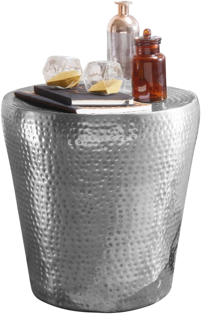 Beistelltisch 41 x 41 x 41 cm Aluminium Silber Dekotisch orientalisch rund, Kleiner Hammerschlag Abstelltisch, Designer Ablagetisch Metall modern, Anstelltisch schmal Bild 1